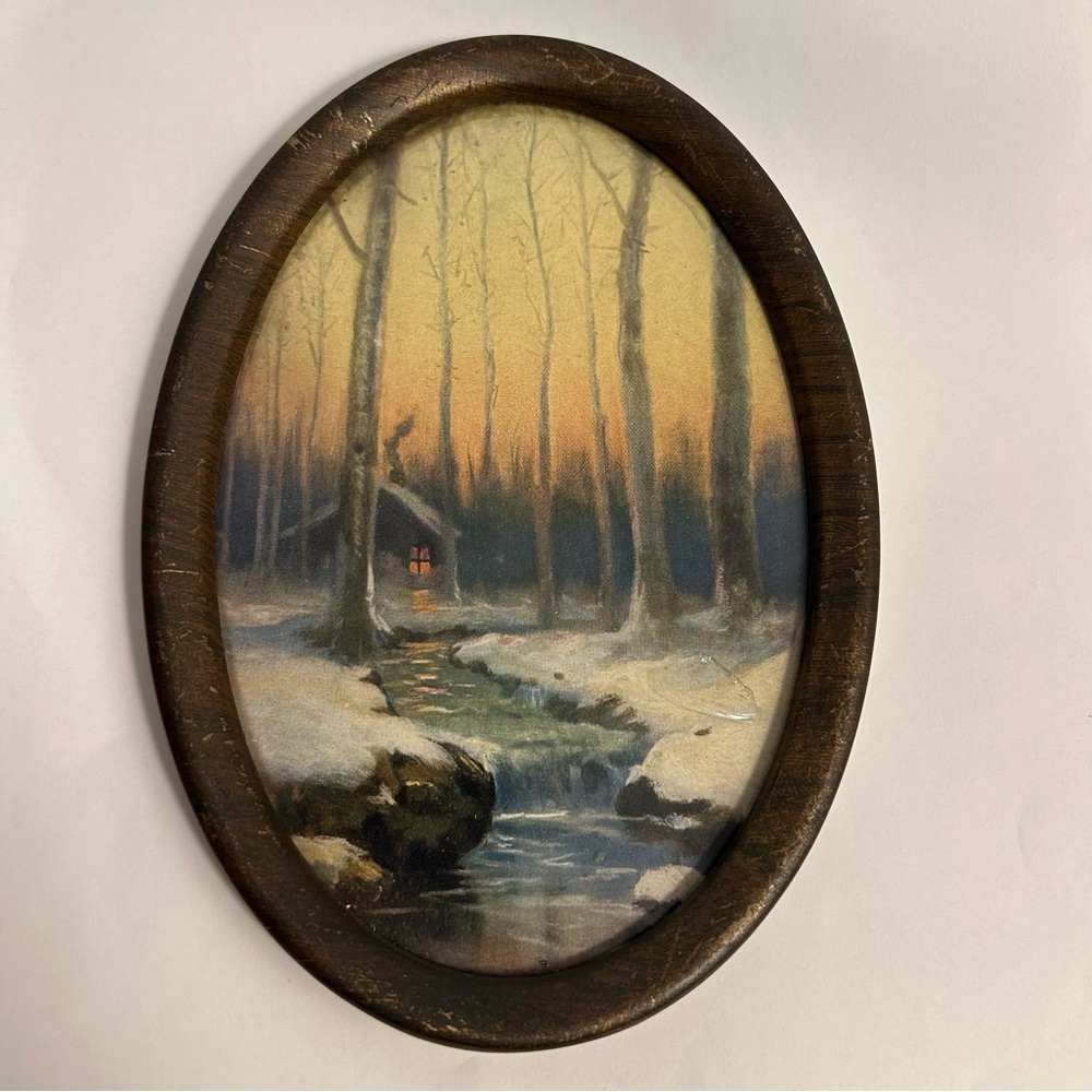 Vintage framed Art Print Winter Cottage  cabin woods creek Antique oval Print